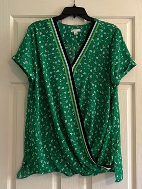 Cato Green Floral Faux-Wrap Blouse with Striped Trim